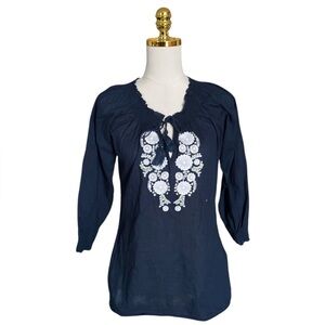 JOIE Navy Blue Floral Embroidered Women's Boho Pullover Lightweight Top Size XS